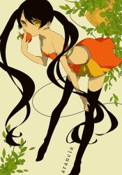 Rule 34 | 1girl, arancia, bad id, bad pixiv id, bell, black hair, black thighhighs, breasts, cleavage, crop top, eating, flat color, food, fruit, hand on leg, leaning forward, long hair, midriff, miniskirt, mochizuki kei, orange (fruit), orange hair, orange skirt, original, skirt, small breasts, solo, strap slip, thighhighs, tiptoes, very long hair