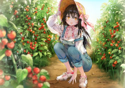 Rule 34 | 1girl, :d, arm up, between legs, black hair, blouse, blurry, blurry foreground, blush, bow, brown eyes, brown hat, collarbone, commentary request, day, depth of field, food, hair between eyes, hand between legs, hand on headwear, hat, hat bow, ice (ice aptx), long hair, long sleeves, looking at viewer, open mouth, original, outdoors, overalls, pink bow, plant, puffy long sleeves, puffy sleeves, shirt, shoes, smile, solo, squatting, strap slip, sun hat, tomato, vegetable, very long hair, white footwear, white shirt