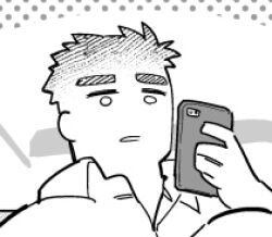 Rule 34 | 1boy, bad link, bara, blank eyes, blank stare, collared shirt, deformed, derivative work, greyscale, holding, holding phone, kan (pyy c12), lowres, male focus, monochrome, parted lips, phone, protagonist 3 (housamo), shirt, short hair, solo, thick eyebrows, tokyo houkago summoners
