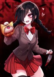 Rule 34 | 1girl, artist name, black hair, black thighhighs, blood, blood splatter, bloody knife, bloody tears, bow, bowtie, braid, brown jacket, collared shirt, commentary, english commentary, funamusea, hair over one eye, heart, highres, holding, holding head, holding knife, jacket, khaonpng, king mogeko, knife, kurai yonaka, mogeko castle, one eye covered, open mouth, plaid, plaid bow, plaid skirt, red background, red eyes, red skirt, school uniform, shirt, skirt, smile, solo, thighhighs, twin braids, white shirt, yellow cat