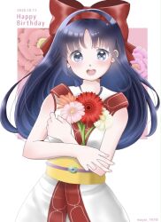 Rule 34 | 1girl, ainu clothes, artist name, birthday, blue eyes, blue hair, breasts, crossed arms, fingerless gloves, flower, gloves, hair ribbon, highres, long hair, medium breasts, nakoruru, open mouth, ribbon, samurai spirits, smile, snk, solo, the king of fighters