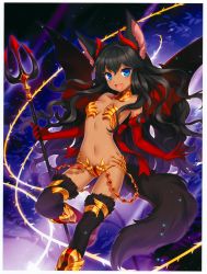 Rule 34 | 1girl, :d, absurdres, animal ears, armor, bare shoulders, bikini armor, bisclavret, black hair, black thighhighs, blue eyes, boots, breasts, cleavage, dark-skinned female, dark skin, elbow gloves, fang, fur trim, gloves, highres, horns, huge filesize, kaku-san-sei million arthur, long hair, midriff, million arthur (series), nardack, navel, open mouth, polearm, red gloves, scan, small breasts, smile, solo, tail, thighhighs, trident, weapon, wings, wolf ears, wolf tail