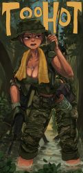 Rule 34 | 1girl, absurdres, assault rifle, bandaged arm, bandages, boonie hat, breasts, camouflage, camouflage pants, cleavage, colt commando, english text, green shirt, gun, hat, highres, jacket, jungle, m16, military, military hat, military uniform, nature, open clothes, open jacket, original, pants, pants rolled up, republic of korea army, rifle, rifleman1130, shirt, short hair, smoke grenade, tagme, towel, uniform, wading, weapon, weapon request