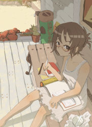 Rule 34 | 1girl, bench, book, brown eyes, brown hair, dress, glasses, graphite (medium), highres, mixed media, original, pencil, red-framed eyewear, sitting, solo, sonjow4, sundress, traditional media