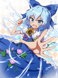 Rule 34 | 1girl, argyle, argyle background, argyle clothes, blue dress, blue eyes, blue hair, cirno, clenched hand, cowboy shot, dress, dutch angle, flower, foreshortening, hidden star in four seasons, highres, ice, ice wings, mimottei, neck ribbon, open hand, open mouth, outstretched arm, plant, puffy short sleeves, puffy sleeves, ribbon, short hair, short sleeves, smile, solo, sunflower, tan, tanned cirno, touhou, vines, wings