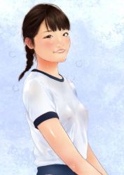 Rule 34 | 1girl, arms at sides, black eyes, black hair, blue background, blush, braid, breasts, covered erect nipples, gym uniform, highres, looking at viewer, original, sak1023, short sleeves, small breasts, smile, steam, sweat, sweaty clothes, teeth, turning head, uniform