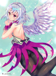 Rule 34 | 1girl, adapted costume, aqua background, artist name, ass, ayane yui, backless dress, backless outfit, bare back, black pantyhose, braid, chromatic aberration, commentary request, dress, feathered wings, feet out of frame, french braid, from behind, grey vest, hair between eyes, hands up, head tilt, highres, kishin sagume, looking at viewer, looking back, pantyhose, purple dress, red eyes, short hair, shoulder blades, silver hair, single wing, solo, sparkle, thighband pantyhose, thighs, touhou, twitter username, vest, white wings, wings, wrist cuffs