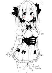 Rule 34 | 1girl, ahoge, blush, bow, breasts, collared dress, copyright request, corset, cowboy shot, dated, dress, elbow gloves, flying sweatdrops, gloves, greyscale, hair ribbon, highres, large breasts, looking at viewer, mokufuu, monochrome, open mouth, puffy short sleeves, puffy sleeves, ribbon, short hair, short sleeves, simple background, solo, thighhighs, twitter username, white background