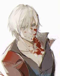 Rule 34 | 1boy, blood, blood on face, blood splatter, blood on clothes, blood in hair, blue eyes, chromatic aberration, collarbone, cumcmn, dante (devil may cry), devil may cry, devil may cry (series), devil may cry 4, hair between eyes, hair over one eye, male focus, open clothes, short hair, simple background, smirk, solo, upper body, white background, white hair
