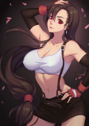 Rule 34 | 1990s (style), 1girl, arm up, belt, black hair, breasts, brown hair, cleavage, covered erect nipples, dark background, elbow gloves, female focus, final fantasy, final fantasy vii, fingerless gloves, gloves, gradient background, hand on own hip, hayate (leaf98k), large breasts, long hair, low-tied long hair, midriff, miniskirt, navel, petals, red eyes, red gloves, retro artstyle, skirt, smile, solo, square enix, stomach, suspender skirt, suspenders, tank top, tifa lockhart, very long hair