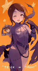 Rule 34 | 10s, 1boy, 1girl, ;d, armband, asymmetrical clothes, belt, bracelet, breasts, brother and sister, brown hair, buckle, chain, cosplay, devimon, devimon (cosplay), digimon, digimon adventure tri., elbow gloves, fang, gloves, grin, hair ornament, hairclip, halloween, halloween costume, high heels, horns, jewelry, ladydevimon, ladydevimon (cosplay), leg up, one eye closed, open mouth, orange background, red eyes, shiny skin, short hair, siblings, sidelocks, simple background, skindentation, small breasts, smile, star (symbol), ter (otokoter), torn clothes, trick or treat, yagami hikari, yagami taichi