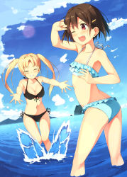 Rule 34 | 2girls, ass, bikini, blonde hair, blush, breasts, brown hair, cleavage, closed eyes, cloud, day, fang, flat chest, frilled bikini, frills, front-tie top, grin, hair ornament, hairclip, highres, kinta (distortion), lens flare, long hair, multiple girls, navel, ocean, one eye closed, original, outdoors, red eyes, shiny skin, short hair, side-tie bikini bottom, sky, smile, splashing, swimsuit, thigh gap, twintails, wading, water