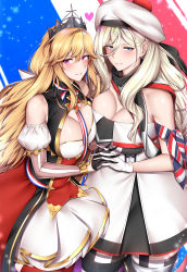 Rule 34 | 2girls, absurdres, azur lane, black gloves, blonde hair, blue eyes, blush, breasts, cleavage, crown hair ornament, dress, gloves, hand grab, hat, highres, historical name connection, huge filesize, kantai collection, kome cola, long hair, looking at viewer, medium breasts, multiple girls, name connection, purple eyes, richelieu (azur lane), richelieu (kancolle), smile, thighhighs, white gloves, white headwear
