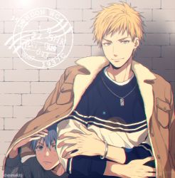 Rule 34 | 2boys, against wall, blonde hair, blue eyes, blue hair, blush, bracelet, brick wall, brown jacket, buttons, cardigan, casual, closed mouth, commentary request, crossed arms, earrings, frown, grey cardigan, hair between eyes, jacket, jewelry, kise ryouta, kuroko no basuke, kuroko tetsuya, lens flare, long sleeves, looking at viewer, male focus, mashima shima, multiple boys, necklace, open clothes, open jacket, short hair, smile, twitter username, two-tone shirt, under another&#039;s clothes, upper body, yellow eyes