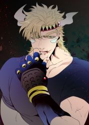 Rule 34 | 1boy, battle tendency, blonde hair, blood, blood in mouth, blood on face, caesar anthonio zeppeli, facial mark, feather hair ornament, feathers, fingerless gloves, gloves, green eyes, hair ornament, headband, jojo no kimyou na bouken, male focus, muscular, muscular male, s gentian, shirt, solo, t-shirt, tight clothes, upper body, wiping face