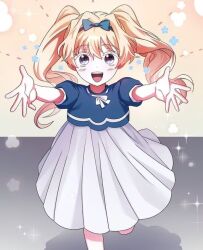 Rule 34 | 1girl, arms up, blonde pubic hair, blue dress, dress, evangel (the novel&#039;s extra), hands up, looking at viewer, open mouth, purple eyes, ribbon, running, short hair, smile, solo, the novels extra, very short hair, white dress, white ribbon