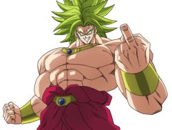 blonde hair, broly, clenched teeth, dragon ball, dragon ball super, dragon ball super broly, earrings, hand up, hoop earrings, jewelry, looking at viewer, lots of jewelry, male focus, middle finger, muscular, no pupils, simple background, solo, spiked hair, standing, super saiyan, teeth, transparent background, upper body, veins, wavy hair, yamamoto doujin