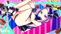 Rule 34 | 1girl, artist request, ass, bow, box, cake, candy, chocolate, chocolate heart, fetal position, food, gift, gift box, heart, highres, looking at viewer, magicami, official art, official wallpaper, purple eyes, purple hair, sodeshiro seira