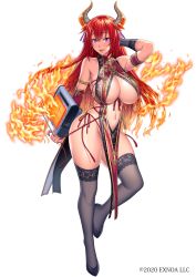Rule 34 | 1girl, armpit crease, bare shoulders, black footwear, black thighhighs, breasts, china dress, chinese clothes, commentary request, curvy, dress, fiery hair, fire, heater (ole tower), highres, horns, large breasts, multicolored hair, nail polish, navel, ole tower, orange hair, panties, pelvic curtain, purple eyes, red hair, side-tie panties, skindentation, solo, suzume inui, thighhighs, thighs, two-tone hair, underwear