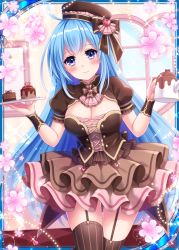 Rule 34 | 1girl, blue eyes, blue hair, breasts, brown dress, brown ribbon, cake, collaboration, dress, falkyrie no monshou, flower, food, frilled skirt, frills, hat, heart, holding, holding plate, holding teapot, indoors, looking at viewer, medium breasts, official art, plate, ribbed hat, ribbon, shinkai no valkyrie, skirt, smile, stardrop, striped clothes, striped thighhighs, teapot, thighhighs, valentine, vertical-striped clothes, vertical-striped thighhighs, window