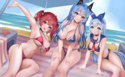 Rule 34 | 3girls, absurdres, aegis (nikke), ahoge, anchor (nikke), arm support, bikini, black hair, blue bikini, blue eyes, blue hair, blue ribbon, blue sailor collar, blue skirt, braid, breasts, cleavage, fang, french braid, goddess of victory: nikke, graynacht, hair ornament, hair ribbon, hands on own thighs, helm (aqua marine) (nikke), helm (nikke), highres, large breasts, light blue hair, long hair, mast (a pirate&#039;s heart) (nikke), mast (nikke), multicolored hair, multiple girls, ocean, open mouth, outdoors, pink eyes, pink hair, ribbon, sailor collar, sand, short twintails, sitting, skin fang, skirt, skull choker, skull hair ornament, skull print, sky, smile, streaked hair, swimsuit, twintails