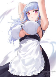 Rule 34 | 1girl, apron, armpits, arms behind head, arms up, azur lane, bare shoulders, black dress, blunt bangs, blush, breasts, clothing cutout, dido (azur lane), dress, earrings, highres, jewelry, large breasts, long hair, looking at viewer, nhaliz, pink eyes, sideboob, silver hair, smile, solo, underboob, underboob cutout, waist apron, white apron