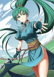 Rule 34 | 1girl, day, dutch angle, earrings, fingerless gloves, fire emblem, fire emblem: the blazing blade, floating hair, gloves, green eyes, green gloves, green hair, hair between eyes, hair ornament, high ponytail, highres, holding, holding sword, holding weapon, jewelry, kakiko210, katana, long hair, looking at viewer, lyn (fire emblem), nintendo, outdoors, sheath, sheathed, smile, solo, standing, sword, very long hair, weapon