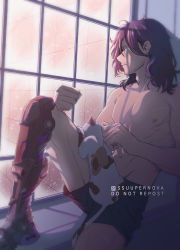 Rule 34 | 1boy, absurdres, animal, boku no hero academia, cat, clenched hand, collarbone, commentary, english commentary, eraser head (boku no hero academia), facial hair, highres, indoors, long hair, looking outside, male focus, male underwear, nipples, on lap, profile, prosthesis, prosthetic leg, purple hair, sitting, solo, spoilers, stubble, supernova (ssuupernova), twitter username, underwear