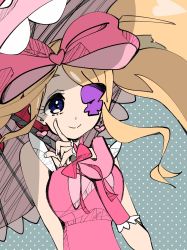 Rule 34 | 1girl, bare legs, bare shoulders, blonde hair, breasts, choker, cleavage, collarbone, dress, drill hair, eyepatch, female focus, frilled skirt, frilled umbrella, frills, hair ribbon, hand on own hip, harime nui, highres, holding, kill la kill, long hair, looking at viewer, open mouth, pink dress, ribbon, skirt, twin drills, umbrella, very long hair, white skirt, wristband