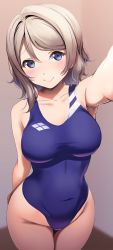 Rule 34 | 1girl, absurdres, amagi (volfuji), arms behind back, blue eyes, blue one-piece swimsuit, blush, breasts, brown background, collarbone, competition swimsuit, covered navel, cowboy shot, gradient background, grey hair, highleg, highleg swimsuit, highres, holding, looking at viewer, love live!, love live! sunshine!!, medium breasts, one-piece swimsuit, short hair, smile, solo, swimsuit, watanabe you
