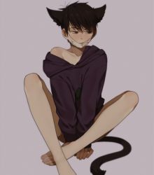 Rule 34 | 10s, 1boy, animal ears, bare shoulders, barefoot, between legs, black hair, blurry, blush, bottomless, brown eyes, cat boy, cat ears, cat tail, collarbone, covering crotch, covering privates, depth of field, hair between eyes, hand between legs, highres, hood, hood down, hoodie, kemonomimi mode, long sleeves, looking away, looking to the side, male focus, mask, matsuno ichimatsu, messy hair, mouth mask, off shoulder, osomatsu-kun, osomatsu-san, osomatsu (series), purple background, simple background, sitting, solo, surgical mask, tail, weyowang