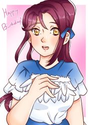 Rule 34 | 1girl, artist name, artist request, blue bow, blue dress, blush, bow, breasts, brown eyes, dreamy color, dreamy color (love live!), dress, feather dress, feathers, female focus, floating hair, hair between eyes, hair bow, half updo, hand on own chest, long hair, looking at viewer, love live!, love live! school idol festival, love live! sunshine!!, nail, nail polish, parted lips, pink nails, pink nails, plaid, plaid dress, pleated, pleated dress, red hair, sakurauchi riko, short sleeves, smile, solo, teeth, upper body, white dress, white feathers, yellow eyes