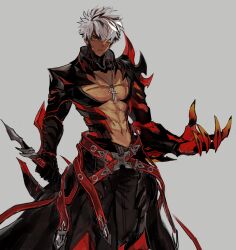 Rule 34 | 1boy, abs, absurdres, armor, bare pectorals, belt, black hair, black pants, clawed gauntlets, clothing cutout, cowboy shot, cross, cross necklace, elsword, grey background, hair between eyes, highres, holding, holding sword, holding weapon, jewelry, looking at viewer, male focus, multicolored hair, muscular, muscular male, navel, necklace, pants, pectorals, rage hearts (elsword), raven cronwell, red belt, scar, scar on chest, seutaan1, short hair, shoulder spikes, simple background, solo, spikes, streaked hair, sword, toned, toned male, weapon, white hair