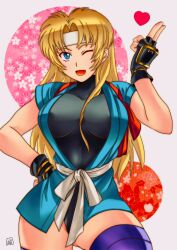 Rule 34 | 1girl, blonde hair, blowing kiss, blue eyes, blush, breasts, fingerless gloves, gloves, hand on own hip, headband, heart, japanese clothes, konami, large breasts, legs, leotard, long hair, looking at viewer, martial champion, one eye closed, open mouth, racheal, smile, solo, thick thighs, thighs, wink