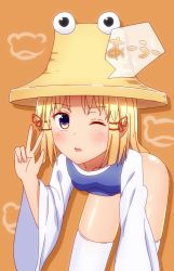 Rule 34 | 1girl, animal print, bad id, bad pixiv id, blonde hair, blue eyes, blush, bow, collarbone, frog, frog print, hair bow, hair ornament, hat, highres, long sleeves, looking at viewer, mikomiko (mikomikosu), moriya suwako, one eye closed, open mouth, orange background, shirt, short hair, simple background, skirt, smile, solo, thighhighs, touhou, v, vest, white thighhighs, wide sleeves