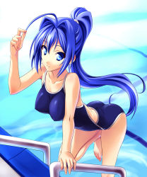 Rule 34 | 00s, 1girl, ahoge, barefoot, bent over, blue eyes, blue hair, breasts, competition school swimsuit, hayase mitsuki, highres, holding, holding hair, kimi ga nozomu eien, long hair, matching hair/eyes, norizou type-r, one-piece swimsuit, ponytail, pool, pool ladder, school swimsuit, smile, solo, swimsuit, water