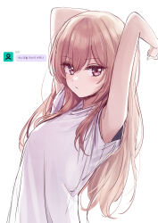 Rule 34 | 1girl, armpits, arms up, bare arms, breasts, brown hair, deadnooodles, hair between eyes, highres, inui sajuna, korean text, long hair, looking at viewer, purple eyes, shirt, simple background, sleeveless, sleeveless shirt, small breasts, solo, sono bisque doll wa koi wo suru, translation request, very long hair, white background, white shirt