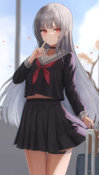 Rule 34 | 1girl, absurdres, black choker, black serafuku, black shirt, black skirt, blue sky, blurry, blurry background, blush, branch, chair, choker, cloud, commentary, depth of field, grey hair, grey sailor collar, highres, index finger raised, indoors, light smile, long hair, long sleeves, looking at viewer, neckerchief, original, pleated skirt, red eyes, red neckerchief, sailor collar, school uniform, serafuku, shirt, skirt, sky, solo, standing, tanshio, thigh strap, window