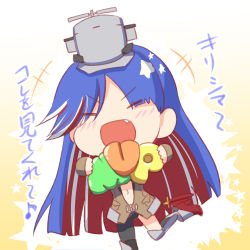 Rule 34 | +++, 1girl, blue hair, blush, brown jacket, eighth note, closed eyes, fang, headgear, holding, jacket, kantai collection, multicolored hair, musical note, nokishita kumoemon, open clothes, open jacket, open mouth, pocket, red hair, rudder footwear, smile, solo, south dakota (kancolle), star (symbol), translation request, white hair