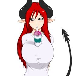 Rule 34 | 1girl, between breasts, black sclera, blush, breasts, bubble tea, bubble tea challenge, ciohoxyami, colored sclera, commentary, demi (ciohoxyami), demon, demon girl, demon tail, drinking, drinking straw, grey eyes, highres, horns, long hair, pointy ears, red hair, shirt, simple background, solo, tagme, tail, upper body, white background, white shirt
