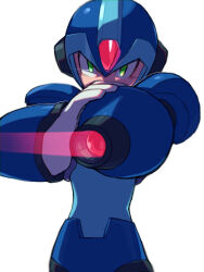 Rule 34 | 1boy, arm cannon, armor, attack, body armor, bodystocking, boots, fighting stance, forehead jewel, gauntlets, glaring, gloves, glowing, glowing eye, green eyes, helmet, looking at viewer, male focus, mega man (series), mega man x (series), shoulder armor, vani (hisha 04), weapon, white background, x (mega man)