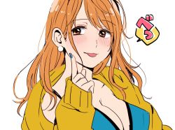 Rule 34 | 1girl, blue nails, blush, breasts, chiya op, cleavage, earrings, hand up, index finger raised, jewelry, large breasts, long hair, long sleeves, looking at viewer, nail polish, nami (one piece), one piece, orange eyes, orange hair, pearl earrings, solo, tongue, tongue out, upper body, white background