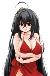 Rule 34 | 1girl, ahoge, arm across chest, azur lane, bare shoulders, black hair, breast hold, breasts, cleavage, collarbone, crossed arms, crossed bangs, dress, hair between eyes, hair ornament, large breasts, long hair, looking at viewer, moru (monaka), no nose, official alternate costume, open mouth, red dress, red eyes, sidelocks, simple background, sleeveless, sleeveless dress, solo, taihou (azur lane), taihou (forbidden feast) (azur lane), tareme, upper body, very long hair, white background