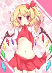 Rule 34 | 1girl, bad id, bad pixiv id, blush, bow, clothes pull, flandre scarlet, groin, hair bow, heart, highres, looking at viewer, midriff, navel, no headwear, no panties, puffy short sleeves, puffy sleeves, red eyes, shirt, short sleeves, side ponytail, sisterakuma, skirt, skirt pull, skirt tug, solo, touhou, vest, wings