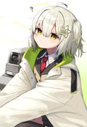 Rule 34 | 1girl, ?, absurdres, ahoge, arknights, black skirt, blush, brown eyes, brown vest, closed mouth, collared shirt, commentary request, grey hair, hair between eyes, hair ornament, highres, hood, hood down, hooded jacket, jacket, looking at viewer, moti yousei, necktie, one side up, open clothes, open jacket, pleated skirt, red necktie, scene (arknights), shirt, skirt, solo, star (symbol), star hair ornament, vest, white jacket, white shirt