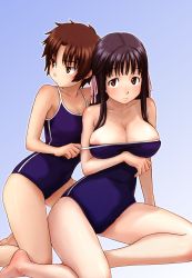 Rule 34 | 2girls, assisted exposure, breasts, brown hair, cleavage, clothes pull, competition school swimsuit, eri (two quarters), flat chest, highres, large breasts, multiple girls, naruko hanaharu, nipples, one-piece swimsuit, one-piece swimsuit pull, scan, school swimsuit, short hair, shoujo material, swimsuit, two quarters (shoujo material), undressing, yoshida chiaki
