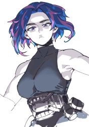 Rule 34 | 1girl, armpits, bare arms, bare shoulders, black shirt, blue eyes, blue hair, boku no hero academia, breasts, closed mouth, emoyama, eyebrows, highres, lady nagant, large breasts, multicolored eyes, multicolored hair, pale skin, pink eyes, pink hair, shirt, simple background, two-tone hair, white background