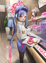 Rule 34 | 3girls, :d, absurdres, doodle sensei (blue archive), badge, baton, black pantyhose, blue archive, blue eyes, blue hair, blue headwear, blush, bow, brown hair, display case, dong ji, doughnut, feet out of frame, food, fubuki (blue archive), grey hair, hair bow, halo, hat, highres, holding, holding tongs, holding tray, indoors, izuna (blue archive), jacket, kirino (blue archive), long hair, long sleeves, looking at viewer, maid, maid headdress, multicolored hair, multiple girls, open mouth, pantyhose, plant, police, police hat, police uniform, potted plant, purple eyes, red eyes, sensei (blue archive), shizuko (blue archive), smile, streaked hair, swept bangs, tile floor, tiles, tongs, tray, two side up, uniform, wa maid, white bow, white footwear, white hair, white jacket