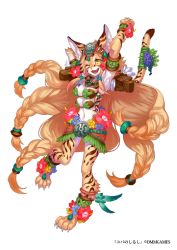Rule 34 | ;d, animal ears, anklet, arm up, armlet, barefoot, body fur, bra, bracelet, braid, cat ears, clenched hand, dmm, extra breasts, flower, full body, furry, furry female, gem, hibiscus, jewelry, long hair, looking at viewer, monster girl, navel, official art, one eye closed, open mouth, simple background, smile, solo, standing, tail, underwear, very long hair, white background, yellow eyes, yuba no shirushi, yuzu shio