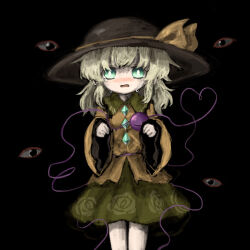 Rule 34 | 1girl, black background, black hat, blouse, blush, bow, bright pupils, buttons, crying, crying with eyes open, darkness, diamond button, disembodied eye, eyeball, feet out of frame, floral print, frilled shirt collar, frilled sleeves, frills, frown, green eyes, green skirt, hands up, hat, hat bow, hat ribbon, heart, heart of string, heripantomorrow, komeiji koishi, light green hair, long sleeves, looking at viewer, medium hair, nose blush, open mouth, ribbon, rose print, shirt, sidelocks, simple background, skirt, sleeves past wrists, solo, standing, tears, third eye, touhou, wavy hair, wide sleeves, yellow bow, yellow ribbon, yellow shirt